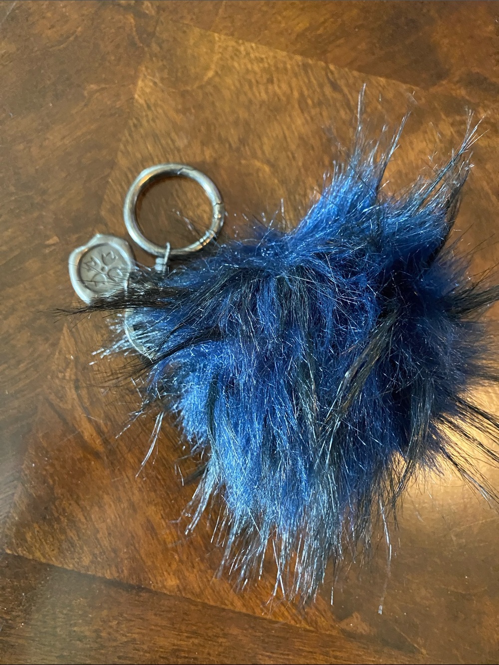 Plush Blue Faux Fur Pom Keyring with Metal Ring